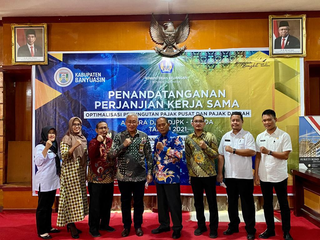 Penandatangan Perjanjian Kerja Sama Optimalisasi Pemungutan Pajak Pusat dan Pajak Daerah, antara  DJPK-DJP- Pemerintah Kabupaten Banyuasin